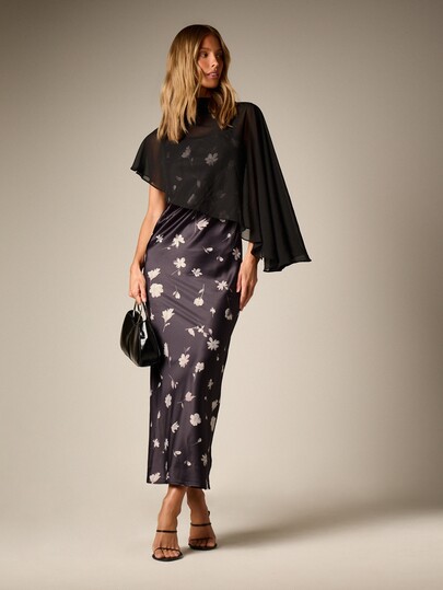 AiiRZ Sheer Chiffon Cape Blouse And Satin Floral Midi Skirt Two-Piece Set High Neck Butterfly Sleeve Evening Occasion Co-Ord