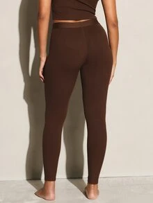 11SKNDS High Rise Ribbed Knit Full Length Leggings With Elasticated Waistband For Casual Everyday Wear With Sweat-Wicking, Stretchy, Buttery-Soft, Tummy Control, Sculpting Fit & Butt-Lifting, For Gym Workout Fitness Yoga Pilates Studio, Running, Training & Hy-Rox Body - Brown - View 4