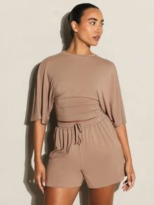 11SKNDS Casual High Rise Drawstring Shorts With Elastic Waistband And Side Pockets Mid Thigh Length Summer Loungewear Body - Camel - View 2
