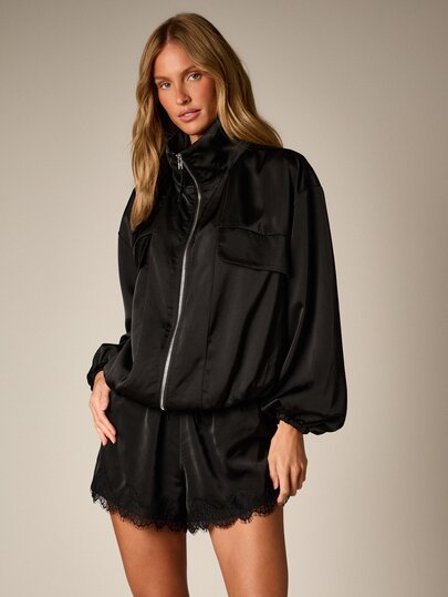 AiiRZ Satin Oversized Bomber Jacket With Stand Collar Full Zip Closure And Balloon Sleeves For Fall Winter Evenings