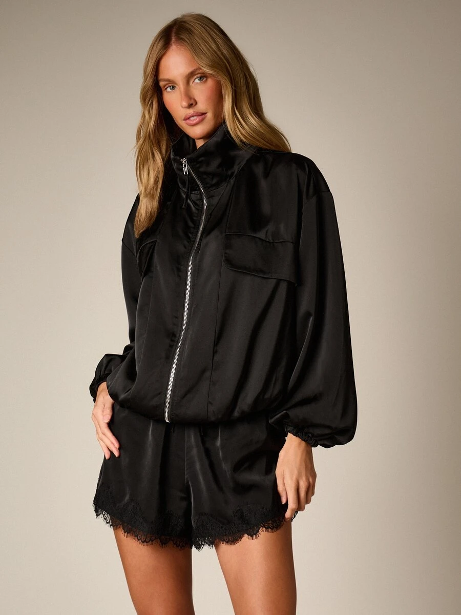 AiiRZ Chaqueta Bomber Oversize de Satén con Cuello Alto, Cierre de Cremallera Completo y Mangas Abullonadas para Noches de Otoño e Invierno - Negro - Ver 1