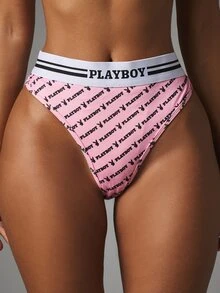 Missguided x Playboy 高腰性感內褲，附標誌腰帶，滿版兔子印花內衣底褲 - 粉色 - 查看 4