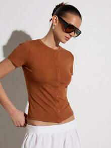 KSTM Short Sleeve Button Down Henley Top With Round Neck Slim Fitted Casual Summer Everyday Tee - Burnt Orange - View 2