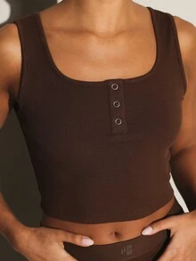 11SKNDS Ribbed Knit Square Neck Crop Tank Top With Snap Button Detail Sleeveless Fitted Stretch Everyday Summer Essential Body - Brown - View 4