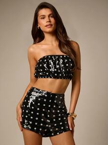 AiiRZ Crop Fit Sequin Polka Dot Mini Shorts With Elastic Waist Festival Party Night Out Sparkling Embellished Hot Pants - Black - View 1