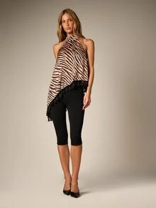 AiiRZ Blusa de satén con cuello halter estampado de tigre, bajo asimétrico alto-bajo y detalle de flecos de borlas negras - Multicolor - Ver 4