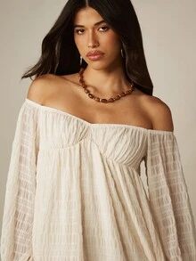 MISSGUIDED Off-Shoulder Empire Waist Mini Dress With Puff Long Sleeves In Sheer Chiffon Fabric Boho Summer Style - Apricot - View 5