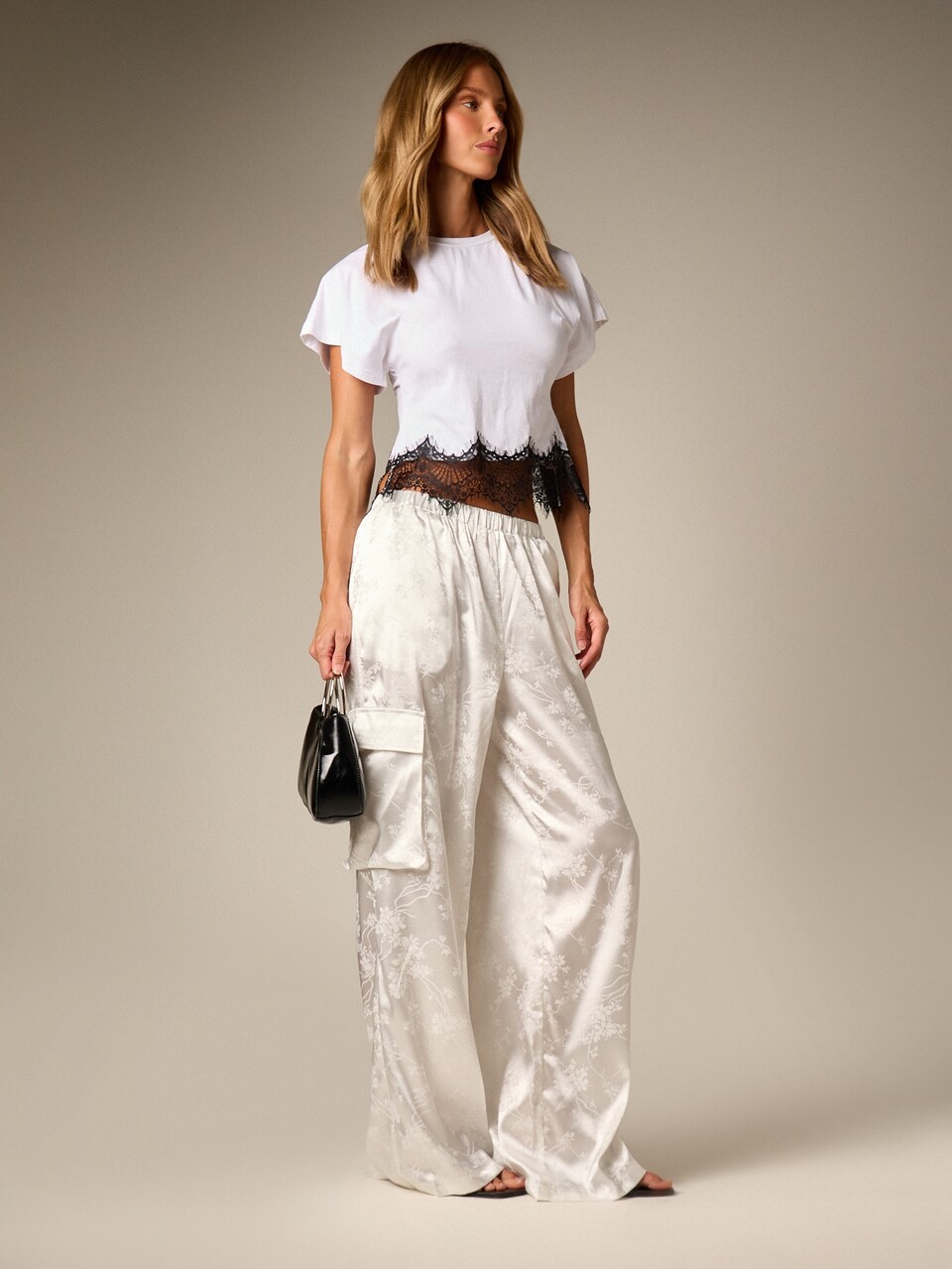 AiiRZ Satin Floral Jacquard Wide Leg Cargo Pants