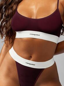 MISSGUIDED Logo Band Bralette Top With Scoop Neck And Adjustable Spaghetti Straps Contrast Waistband - Burgundy - View 1