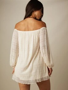 MISSGUIDED Off-Shoulder Empire Waist Mini Dress With Puff Long Sleeves In Sheer Chiffon Fabric Boho Summer Style - Apricot - View 2