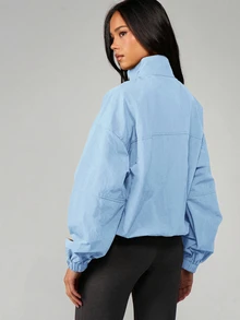 MISSGUIDED 半拉鍊立領套頭夾克，胸前口袋，彈性收口袖口，寬鬆大版型 - 藍色 - 查看 2