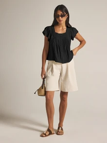 KSTM Eyelet Trim Square Neck Flutter Sleeve Blouse With Button Front And Pintuck Pleats Summer Casual Top - Black - View 3