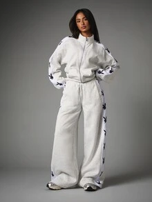 Missguided x Playboy Bunny Logo Tape Wide Leg Fleece Sweatpants With Side Stripe Drawstring Waist And Full Length Casual Lounge Pants - Grey - View 3