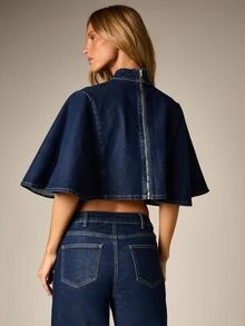 AiiRZ Dark Wash Denim Cape Cropped Top With High Neck Back Zipper And Flared Bell Sleeves Spring Summer Statement Piece - Dark Wash - View 3