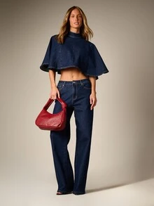 AiiRZ Dark Wash Denim Cape Cropped Top With High Neck Back Zipper And Flared Bell Sleeves Spring Summer Statement Piece - Dark Wash - View 4