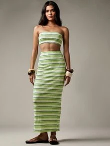MISSGUIDED Striped Ribbed Maxi Skirt With Back Slit High Waist Bodycon Fitted Silhouette Summer Vacation Beach Style - Lime Green - View 6