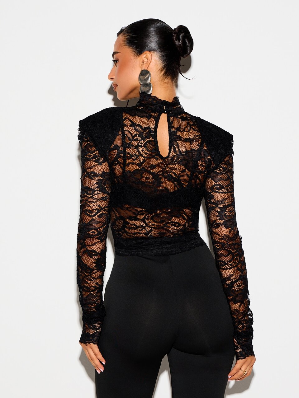 KIZN Sheer Floral Lace Top With Puff Shoulders