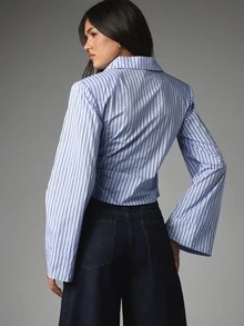 MISSGUIDED Striped Tie-Front Crop Shirt With Bell Sleeves Collared Button-Down Long Sleeve Twisted Hem Top Spring Summer Festival Style - Blue - View 3