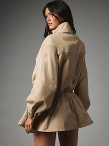 MISSGUIDED Long Sleeve Puff Sleeve Mini Dress With High Neck Drawstring Waist And Relaxed Shift Silhouette For Autumn - Camel - View 4