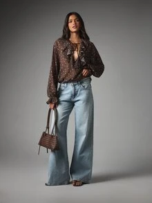 MISSGUIDED Polka Dot Chiffon Ruffle Blouse With Plunge Tie Neck And Puff Long Sleeves Flowy Oversized Boho Top - Multicolor - View 4