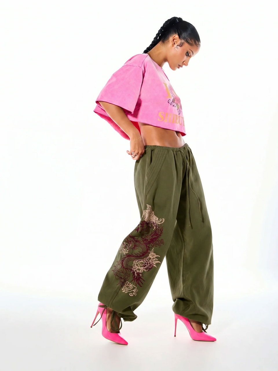 SUMWON WOMEN Wide Leg Cargo Trousers With Dragon Print Side Detail Drawstring Hem Elastic Waist Parachute Pants Festival Holiday Summer