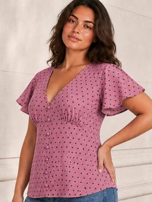 ELLERISSA Plus Size Red Violet Polka Dot V Neck Button Front Tie Back Flutter Sleeve Blouse - Red Violet - View 3