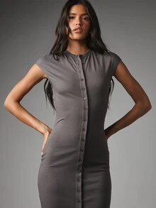 MISSGUIDED Cap Sleeve Button-Front Bodycon Dress Crew Neck Fitted Jersey Knit Floor Length Evening Everyday Travel Dark Grey Summer Casual - Brown - View 4