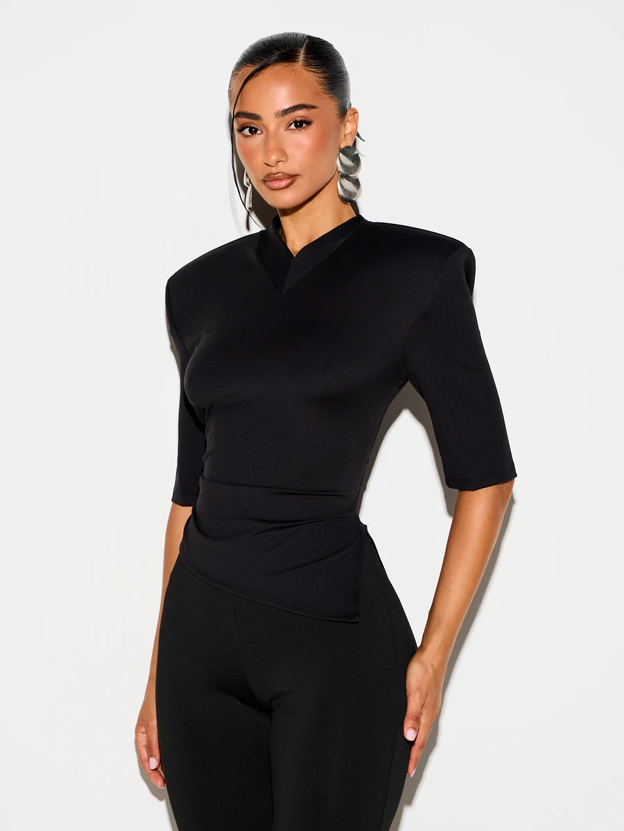 KIZN Structured Shoulder V-Neck Ruched Waist Elbow Sleeve Fitted Bodycon Top For Date Night Party - Black - View 1