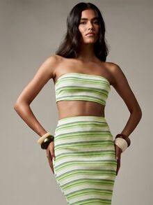 MISSGUIDED Striped Ribbed Maxi Skirt With Back Slit High Waist Bodycon Fitted Silhouette Summer Vacation Beach Style - Lime Green - View 3