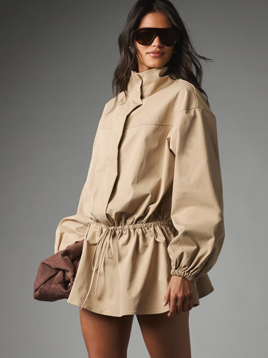 MISSGUIDED Long Sleeve Puff Sleeve Mini Dress With High Neck Drawstring Waist And Relaxed Shift Silhouette For Autumn - Camel - View 1