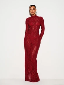 KIZN Floral Lace Maxi Dress High Neck Long Sleeve Bodycon Semi-Sheer Elegant Evening Gown With Back Slit And Built In Bra And Panty Set - Red - View 4