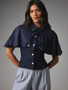 MISSGUIDED 披肩領短版襯衫，附銀色按扣與飄逸短袖，適合春夏穿著 - 藍色 - 查看 1