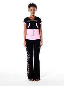 SUMWON WOMEN Backstage Script Print Color Block Crop Zip-Up Hoodie With Cap Sleeves And Contrast Pink Trim Detail - Black - View 3