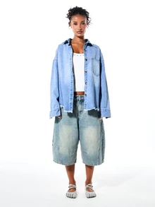 SUMWON WOMEN Oversized Denim Shacket With Chest Pocket Collared Button-Front Raw Frayed Hem Long Sleeve Shirt Jacket - Blue - View 5