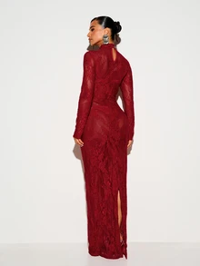 KIZN Floral Lace Maxi Dress High Neck Long Sleeve Bodycon Semi-Sheer Elegant Evening Gown With Back Slit And Built In Bra And Panty Set - Red - View 2