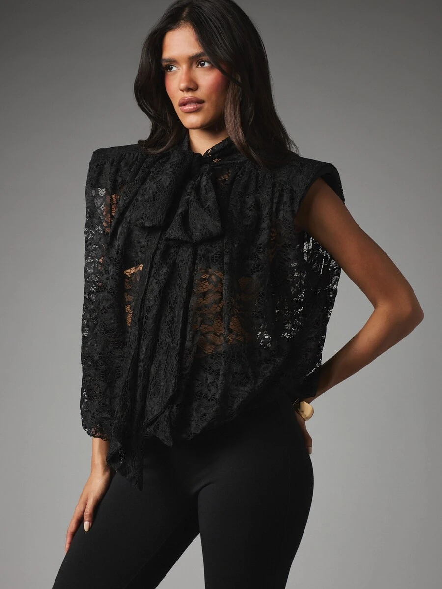 MISSGUIDED Sheer Floral Lace Sleeveless Blouse With Bow Tie Neck And Structured Shoulders Evening Party Top - Black - View 1