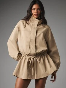 MISSGUIDED Long Sleeve Puff Sleeve Mini Dress With High Neck Drawstring Waist And Relaxed Shift Silhouette For Autumn - Camel - View 6
