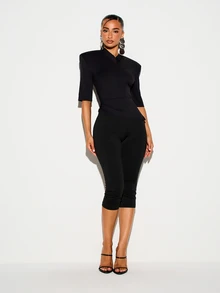 KIZN Structured Shoulder V-Neck Ruched Waist Elbow Sleeve Fitted Bodycon Top For Date Night Party - Black - View 4