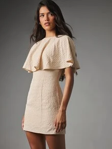 MISSGUIDED Checked Mini Dress With Butterfly Ruffle Overlay Crew Neck Short Sleeve Seersucker Summer Party Dress - Apricot - View 5