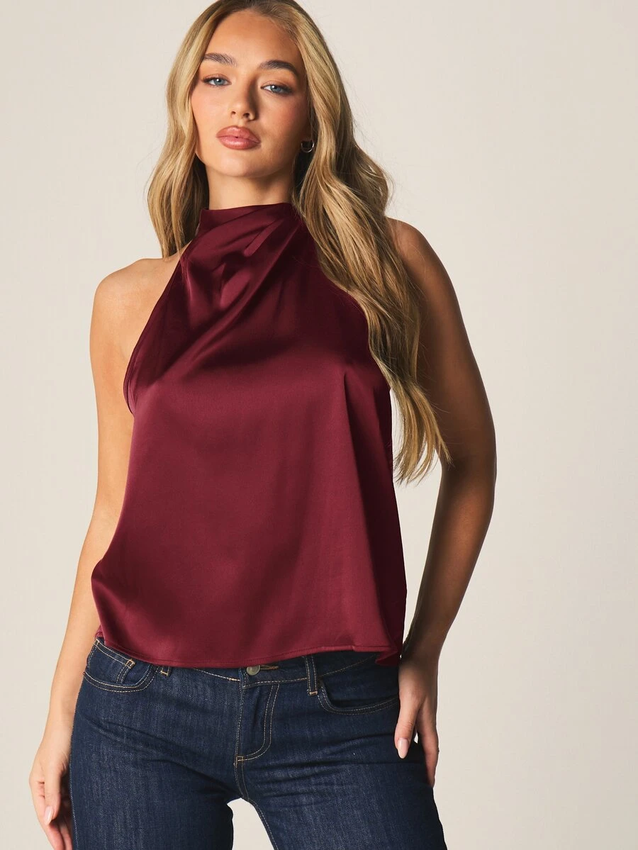 MISSGUIDED 緞面掛脖上衣,垂墜垂領設計,無袖優雅派對夜生活襯衫 - 酒紅色 - 查看 1