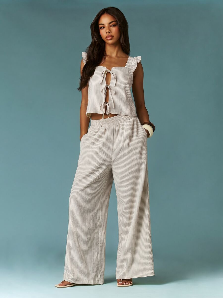 MISSGUIDED 條紋泡泡紗套裝 荷葉邊肩帶前綁帶短版上衣與寬腿闊腿長褲 夏季度假風 - 咖啡棕 - 查看 1