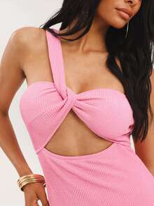Dancing Leopard Light Pink One Shoulder Cut-Out Twist Front Swimsuit, Holiday/Vacation Beachwear Sexy Tropical - Pink - View 4