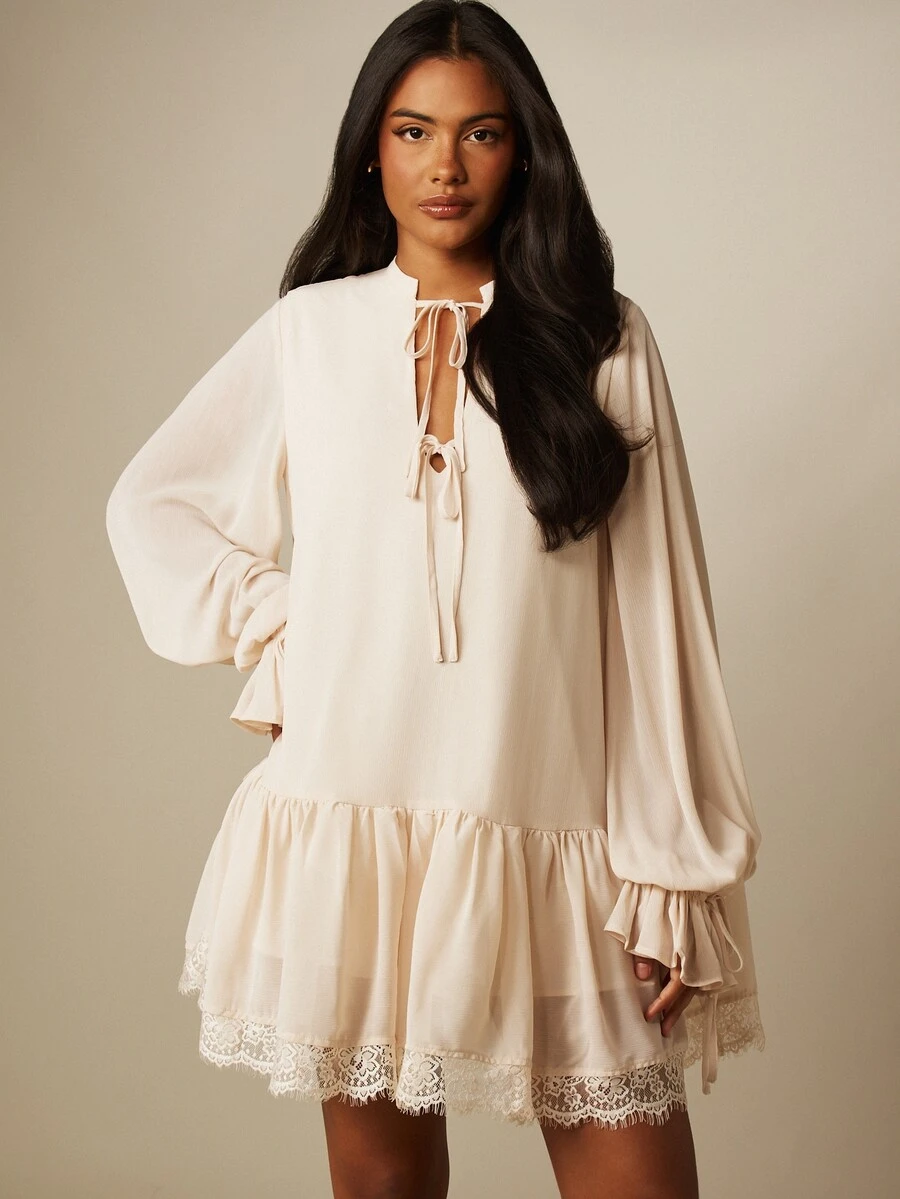 MISSGUIDED Boho Tie-Front Mini Dress With Lace Trim Hem Puff Sleeves Ruffle Drop Waist Spring Summer Party - Apricot - View 1