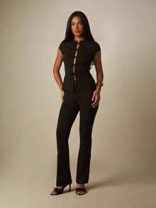 MISSGUIDED Chinese Frog Button Co-Ord Set With High Neck Cap Sleeve Blouse And Flared Dress Pants Evening Going Out Party Black Summer Retro Elegant - Black - View 1