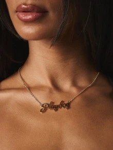 Missguided x Playboy Script Logo Pendant Necklace Gold Tone Chain Statement Jewelry Gift Idea - Gold - View 1