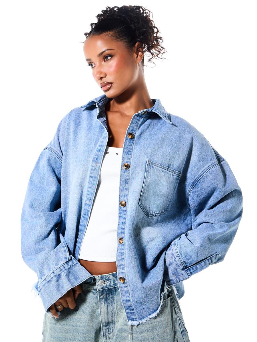 SUMWON WOMEN Oversized Denim Shacket With Chest Pocket Collared Button-Front Raw Frayed Hem Long Sleeve Shirt Jacket - Blue - View 1