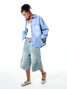 SUMWON WOMEN Oversized Denim Shacket With Chest Pocket Collared Button-Front Raw Frayed Hem Long Sleeve Shirt Jacket - Blue - View 3