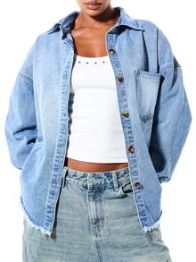 SUMWON WOMEN Oversized Denim Shacket With Chest Pocket Collared Button-Front Raw Frayed Hem Long Sleeve Shirt Jacket - Blue - View 4