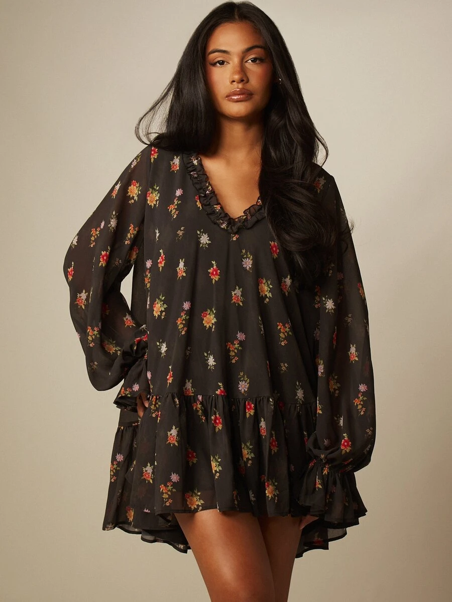 MISSGUIDED Floral Chiffon Mini Dress With Ruffle V-Neckline And Long Puff Sleeves Tiered Hem Boho Autumn Party Dress - Black - View 1