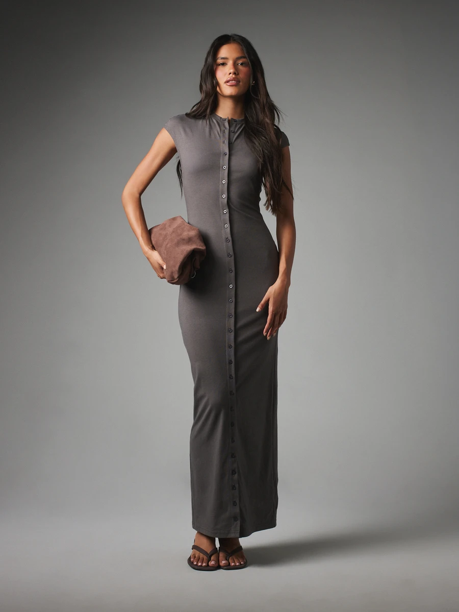 MISSGUIDED Cap Sleeve Button-Front Bodycon Dress Crew Neck Fitted Jersey Knit Floor Length Evening Everyday Travel Dark Grey Summer Casual - Brown - View 1